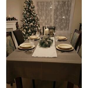 Vtg‎ Tan Striped Retro Classic Cottage Kitchen Dining Decor Tablecloth 82"x55"